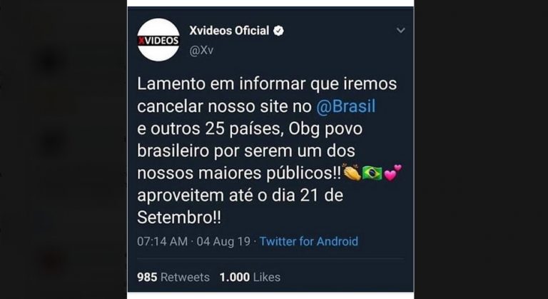 O acesso ao site XVideos será “cancelado” no Brasil em 21 de setembro de 2019?